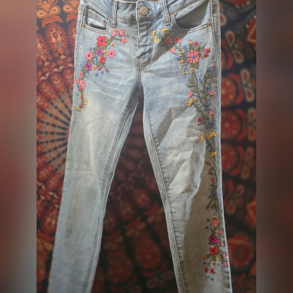 Cherokee Light Blue Skinny Jeans with Multicolor Floral Embroidery